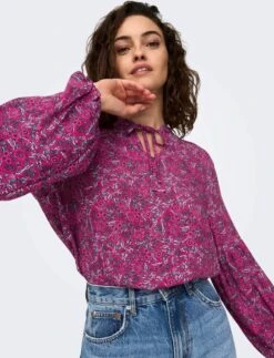 Only Blouse Onlkeira L/s String Top Ptm 15283796 Very Berry/ Floral Boh Dames Maat - S